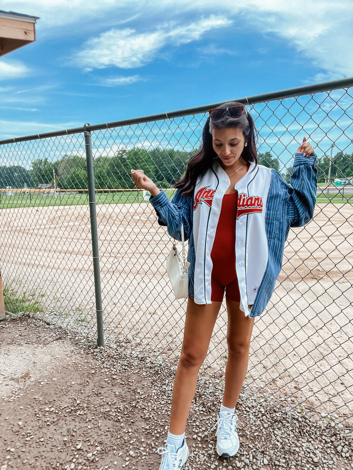 INDIANS JERSEY X STRIPED DENIM TOP