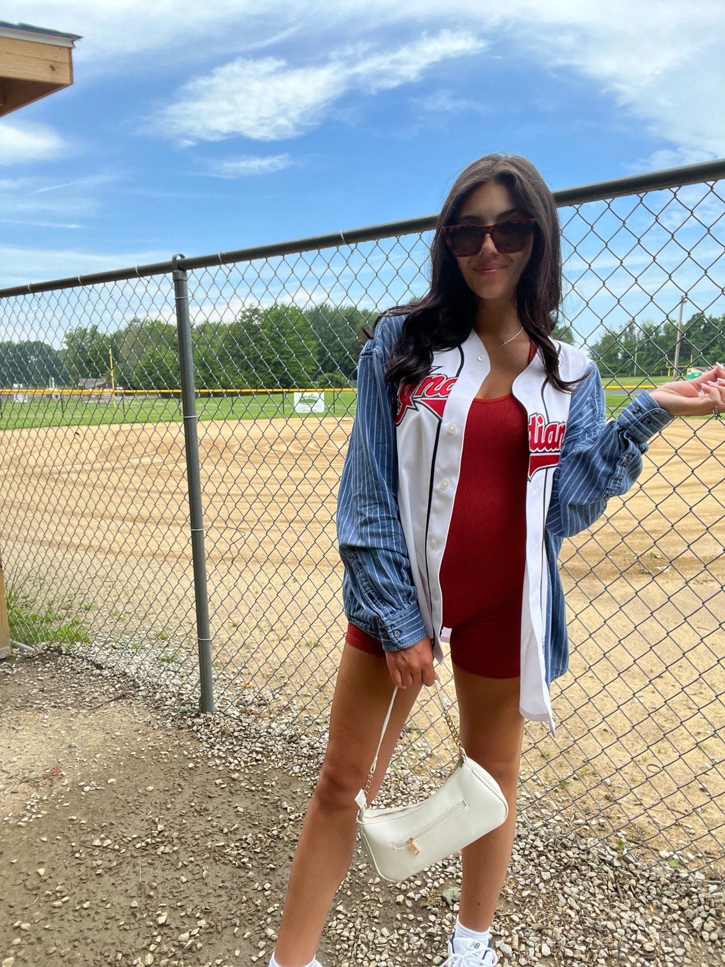 INDIANS JERSEY X STRIPED DENIM TOP