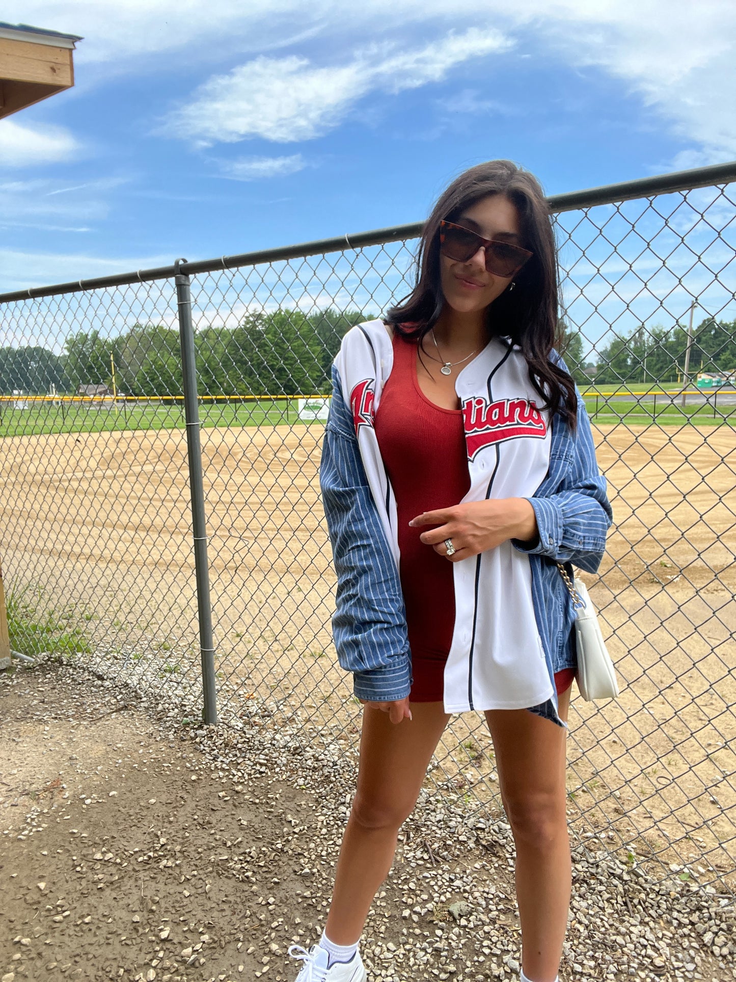 INDIANS JERSEY X STRIPED DENIM TOP