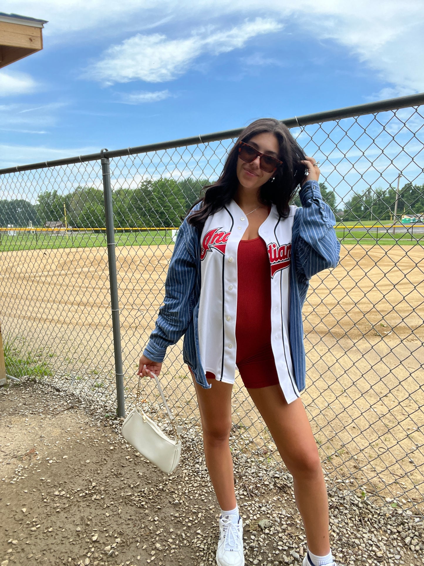 INDIANS JERSEY X STRIPED DENIM TOP