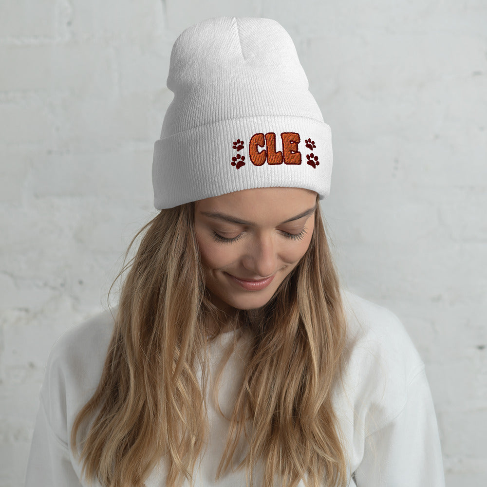 CLE PAW PRINTS CUFFED BEANIE- WHITE