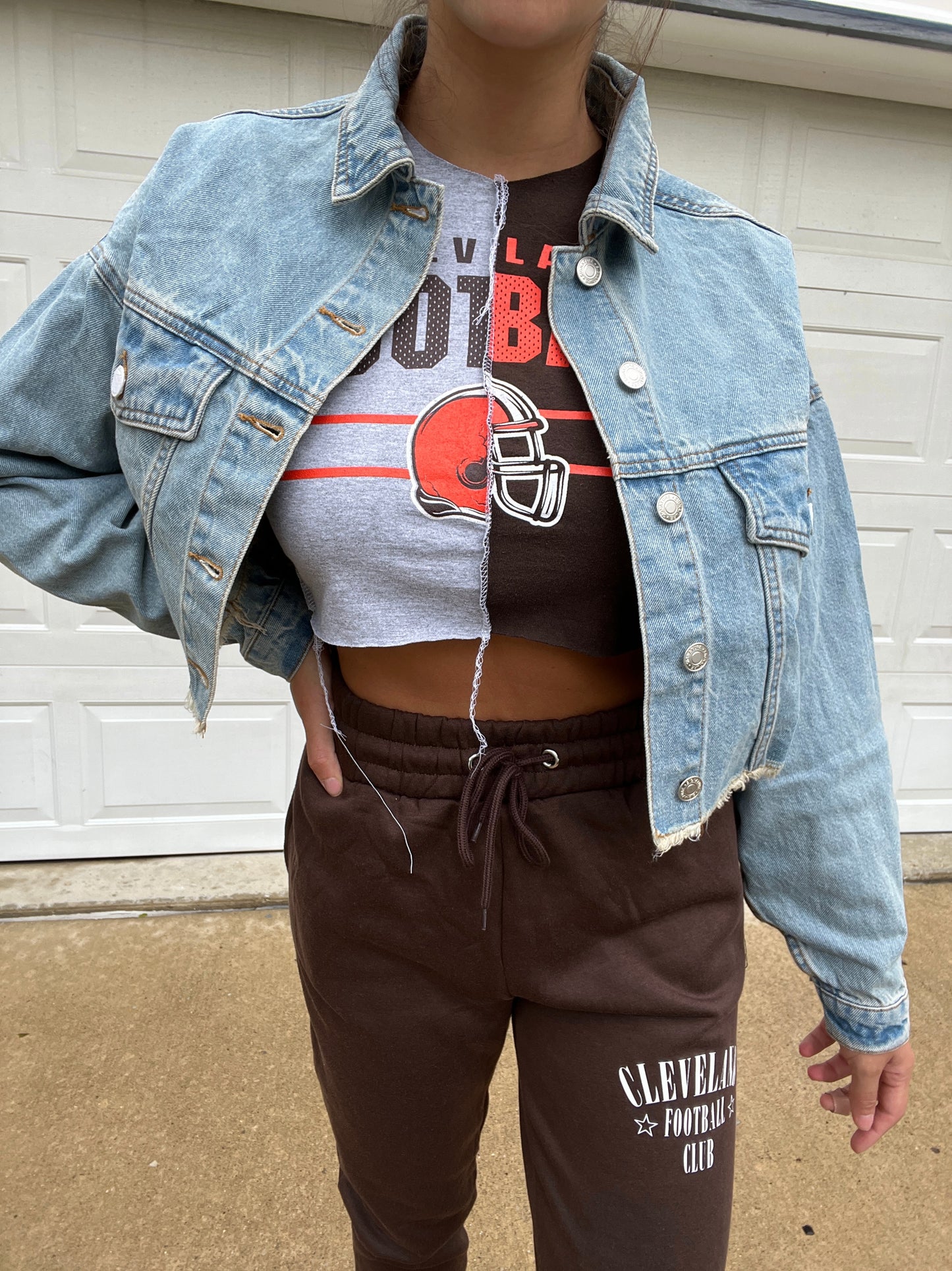 SUNDAYS ARE BETTER IN CLEVELAND CROPPED DENIM JACKET