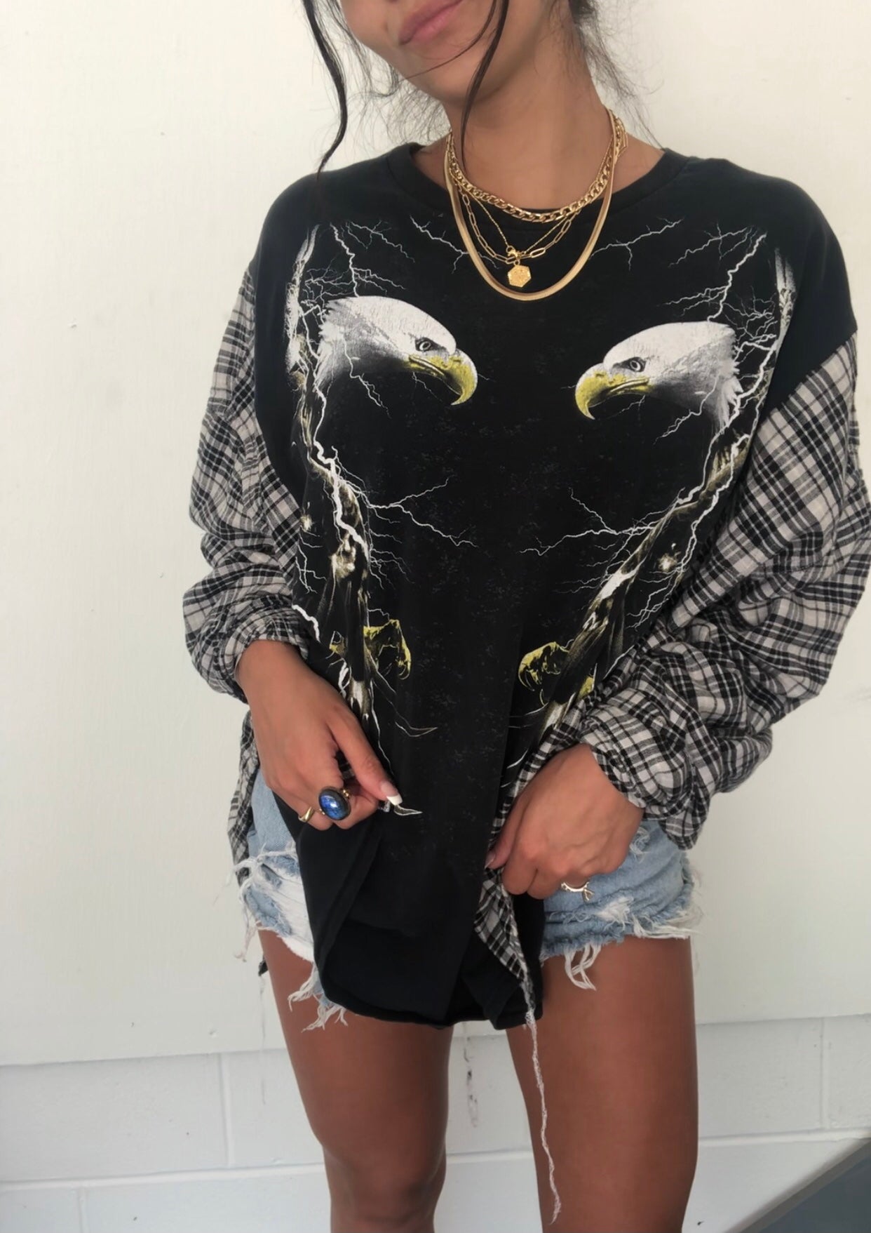 BIKER GIRL EAGLES FLANNEL TOP