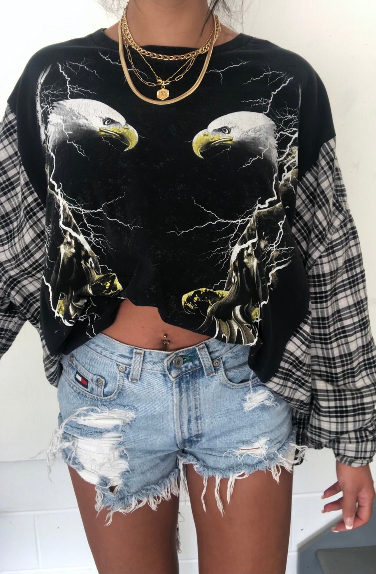 BIKER GIRL EAGLES FLANNEL TOP