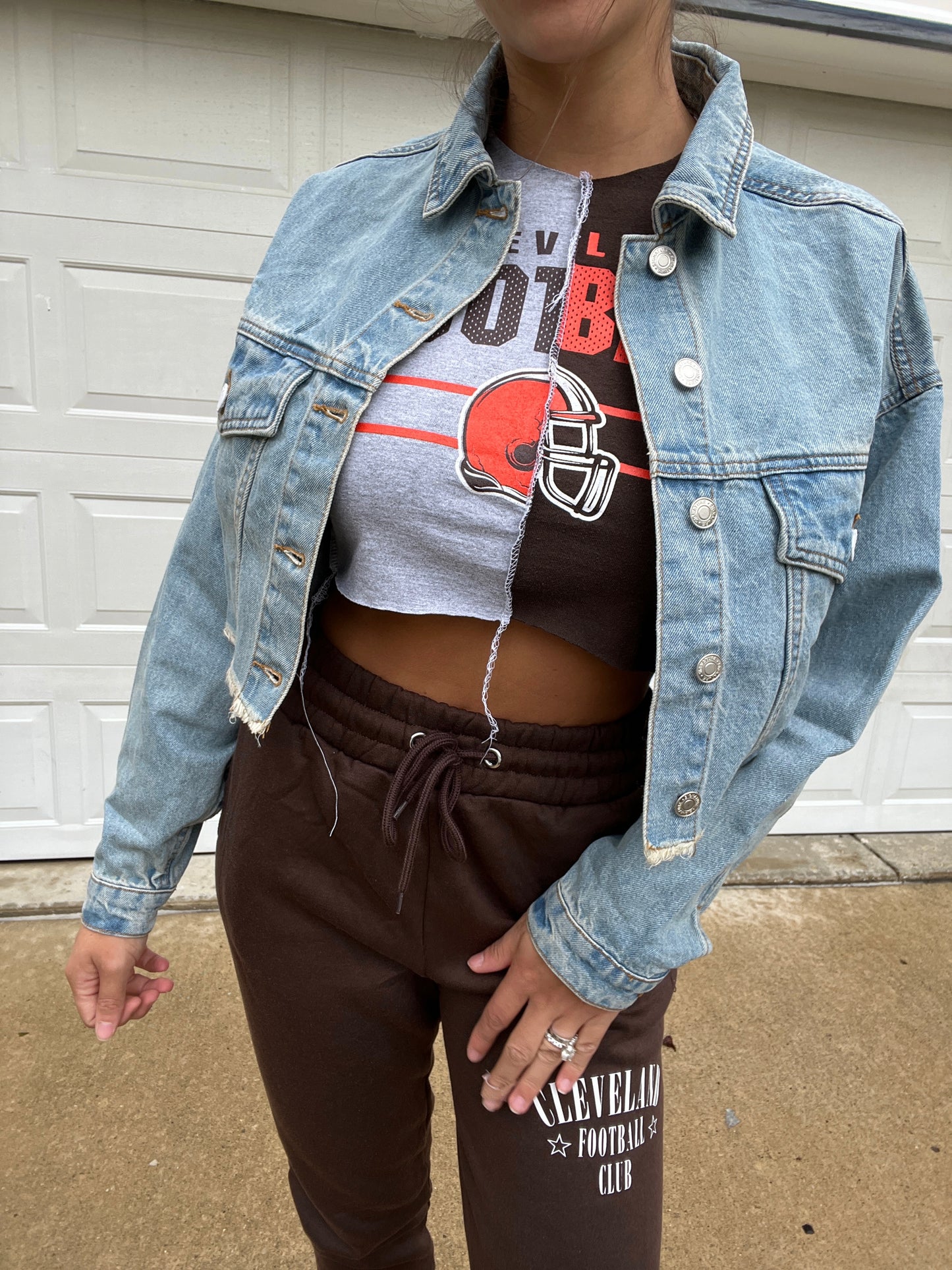 SUNDAYS ARE BETTER IN CLEVELAND CROPPED DENIM JACKET