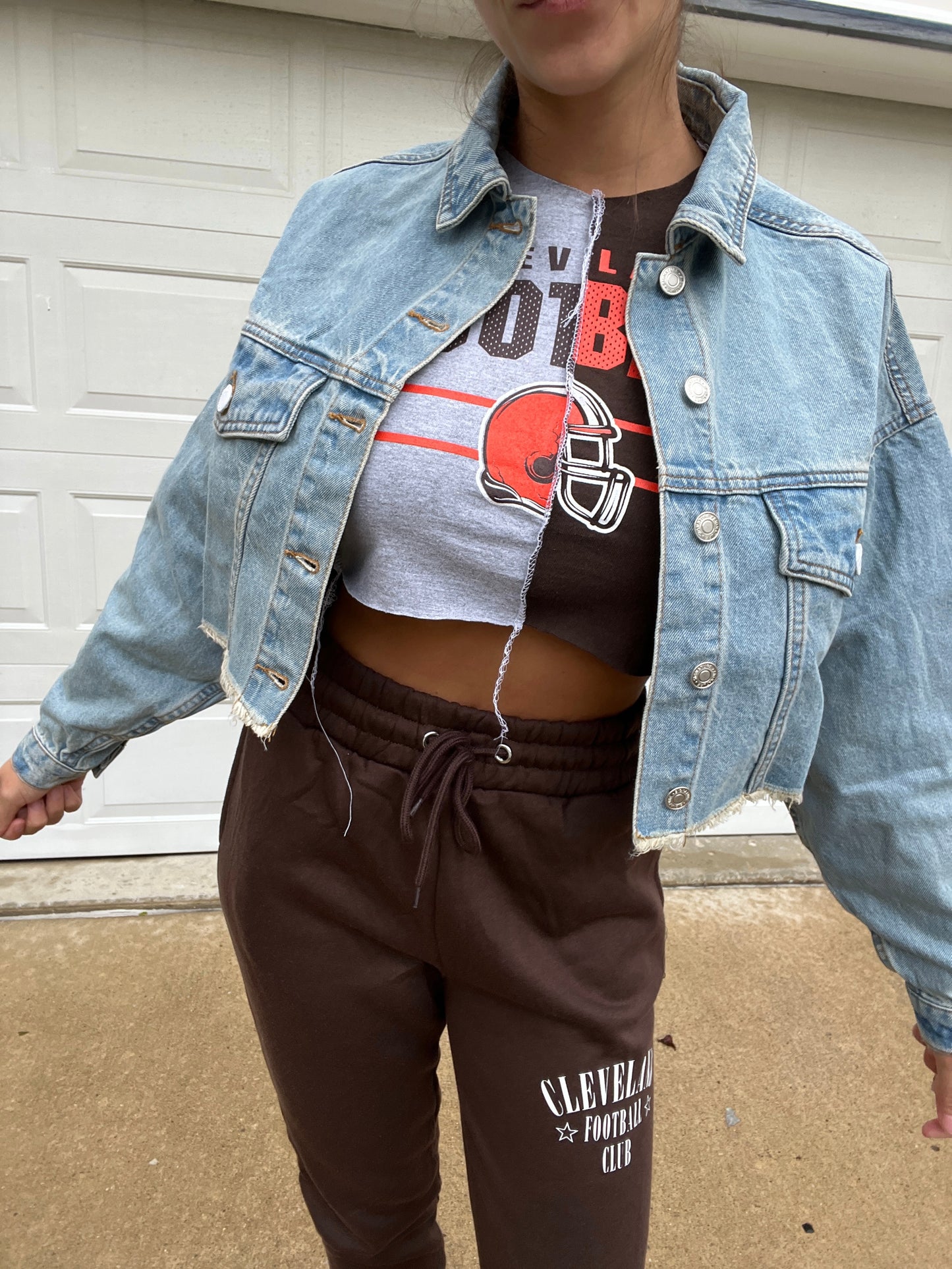 SUNDAYS ARE BETTER IN CLEVELAND CROPPED DENIM JACKET