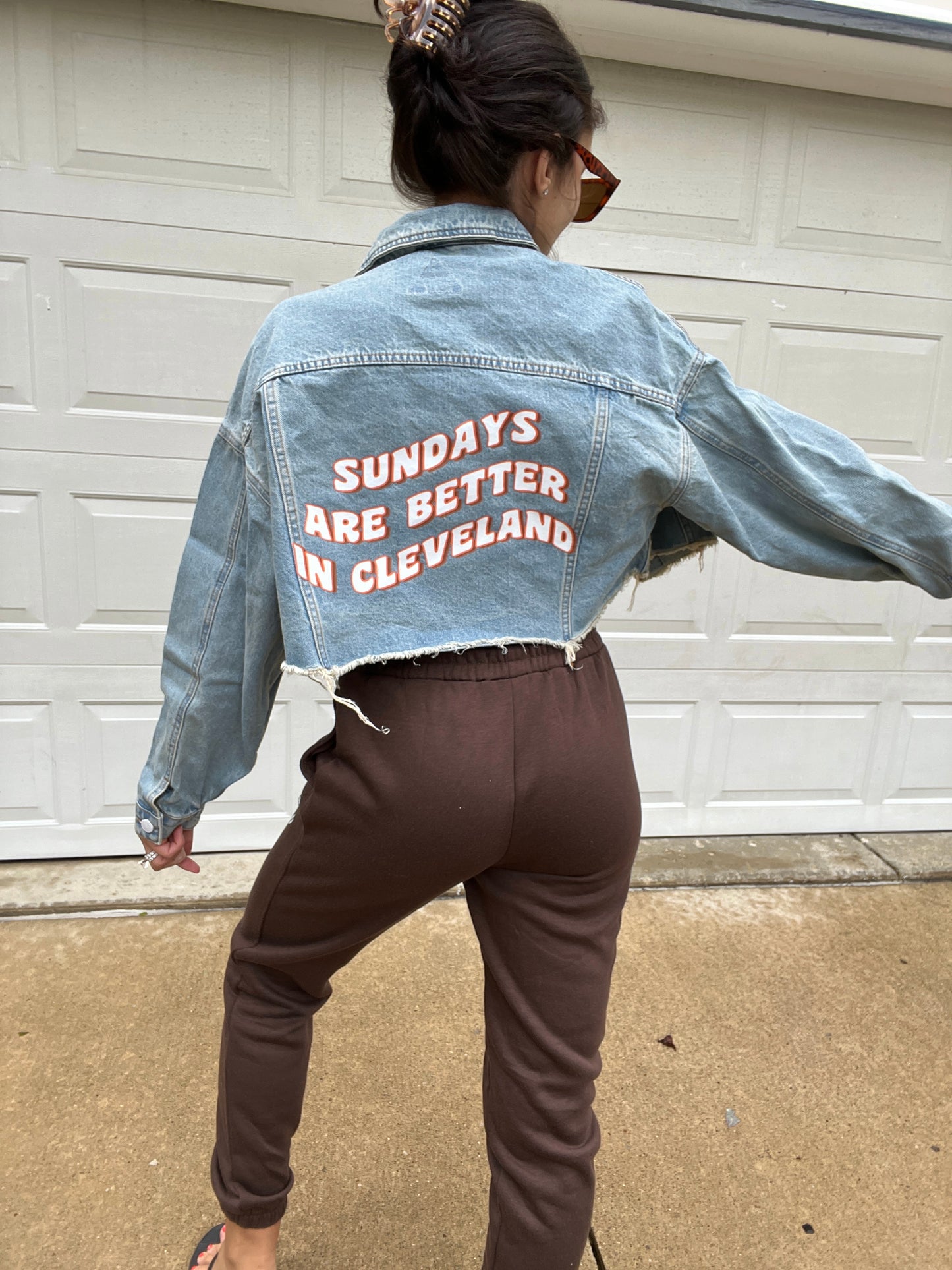 SUNDAYS ARE BETTER IN CLEVELAND CROPPED DENIM JACKET
