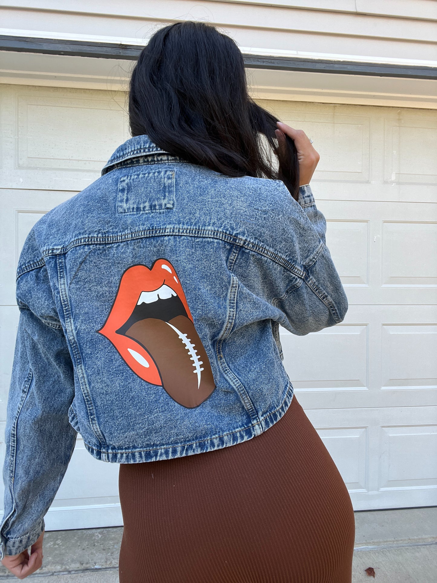 FOOTBALL TONGUE CROPPED DENIM JACKET