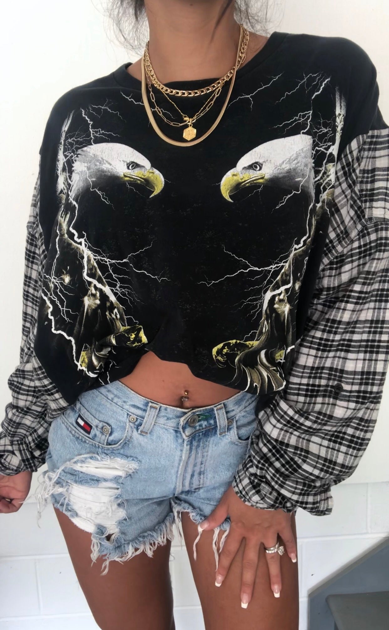 BIKER GIRL EAGLES FLANNEL TOP