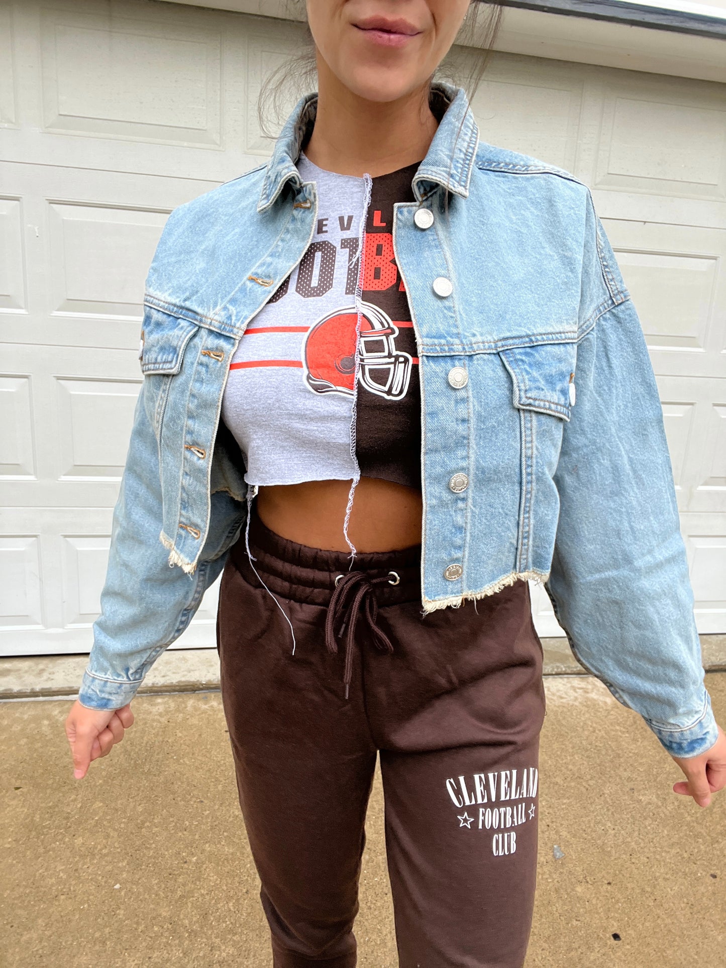 SUNDAYS ARE BETTER IN CLEVELAND CROPPED DENIM JACKET