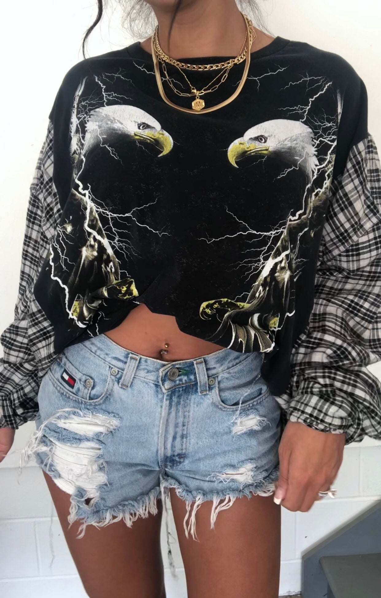BIKER GIRL EAGLES FLANNEL TOP
