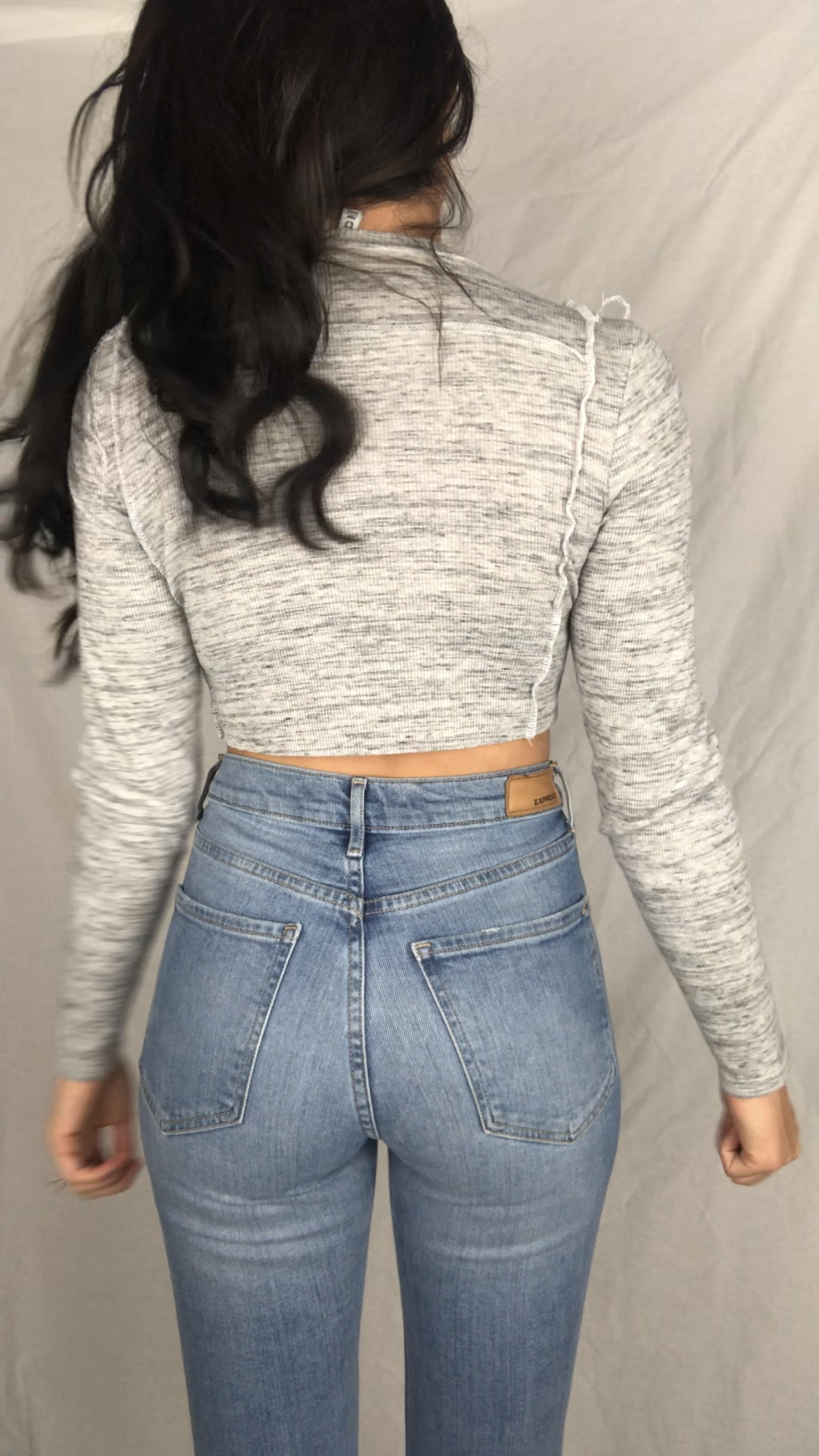 GRAY LONG SLEEVE PATCHWORK TOP
